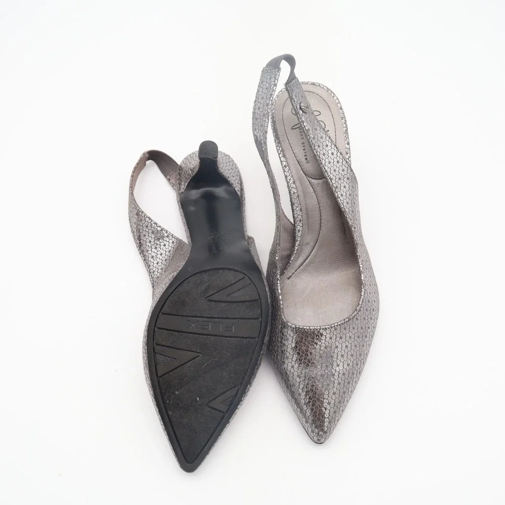 LifeStride Shena Pump Womens US 7.5W Silver Stiletto Heel Slingback Dress Shoes